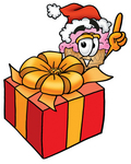 Clip Art Graphic of a Strawberry Ice Cream Cone Cartoon Character Standing by a Christmas Present