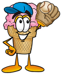 Clip Art Graphic of a Strawberry Ice Cream Cone Cartoon Character Catching a Baseball With a Glove