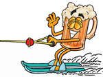Clip art Graphic of a Frothy Mug of Beer or Soda Cartoon Character Waving While Passing by on Water Skis