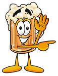 Clip art Graphic of a Frothy Mug of Beer or Soda Cartoon Character Waving and Pointing to the Right