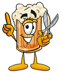 Clip art Graphic of a Frothy Mug of Beer or Soda Cartoon Character Preparing to Cut Something With a Pair of Scissors