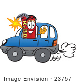 #23757 Clip Art Graphic Of A Stick Of Red Dynamite Cartoon Character Driving A Blue Car And Waving