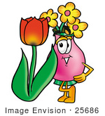 #25686 Clip Art Graphic of a Pink Vase And Yellow Flowers Cartoon Character With a Red Tulip Flower in the Spring by toons4biz
