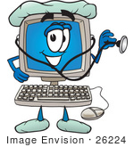 #26224 Clip Art Graphic Of A Male Desktop Computer Cartoon Character Nurse Or Doctor Holding A Stethoscope