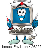#26225 Clip Art Graphic of a Desktop Computer Nurse Cartoon Character Holding a Syringe and Scalpel by toons4biz