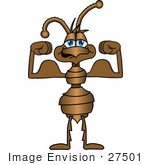 #27501 Clip Art Graphic Of A Brown Ant Insect Mascot Character Flexing His Strong Bicep Arm Muscles