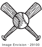 #29100 Royalty-free Black And White Cartoon Clip Art of a Baseball Over Two Crossed Baseball Bats by Andy Nortnik