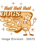 #29372 Royalty-free Cartoon Clip Art of a Vintage Hot Dog Advertisement Showing A Circular King Character Holding A Hotdog And Text Reading "Hot! Hot! Hot! Dogs Lunch Dinner Anytime!" by Andy Nortnik