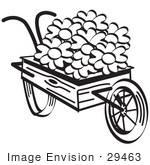 #29463 Royalty-free Cartoon Clip Art of an Old Fashioned Wooden Wheelbarrow With Pretty Daisy Flowers On Easter, Black and White by Andy Nortnik