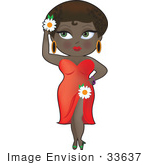 #33637 Clip Art Graphic of an African American Dainty Character Lady In A Sexy Red Dress With A White Daisy On The Slit And A Flower In Her Hair by Maria Bell