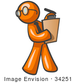 #34251 Clip Art Graphic of an Orange Guy Character Wearing Spectacles And A Business Tie And Carrying A Pen And Clipboard While Reviewing Workers by Jester Arts