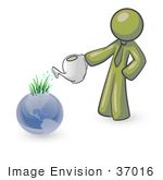 #37016 Clip Art Graphic Of An Olive Green Guy Character Watering Planet Earth