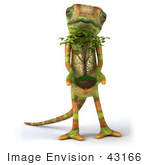 #43166 Royalty-Free (Rf) Clipart Illustration Of A 3d Lizard Chameleon Mascot Facing Front And Holding A Plant