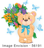 #56191 Royalty-Free (Rf) Clip Art Of A Teddy Bear With Blue Butterflies And A Flower Bouquet