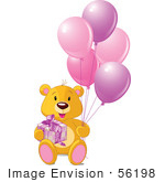 #56198 Royalty-Free (Rf) Clip Art Of A Teddy Bear With A Gift And Pink Balloons
