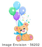 #56202 Clip Art Of A Cute Male Birthday Bear Wearing A Party Hat And Sitting With Balloons by pushkin