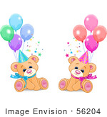 #56204 Clip Art Of Male And Female Twin Birthday Bears Wearing Party Hats And Sitting With Balloons by pushkin