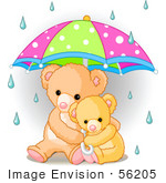 #56205 Clip Art Of A Baby Teddy Bear Cuddling With Its Mother Under An Umbrella On A Rainy Day