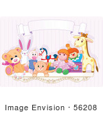 #56208 Royalty-Free (Rf) Clip Art Of A Toy Shelf With Stuffed Animals And A Jack In The Box Under A Blank Banner Against A Pink Wall