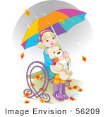 #56209 Royalty-Free (RF) Clip Art Of Autumn Leaves And Rain Falling Around A Little Girl Hugging Her Teddy Bear And Sitting On A Bench Under An Umbrella by pushkin