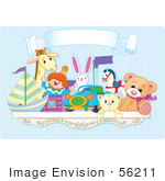#56211 Royalty-Free (Rf) Clip Art Of A Toy Shelf With Stuffed Animals And A Jack In The Box Under A Blank Banner Against A Blue Wall