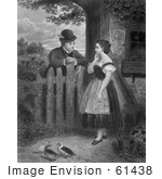 #61438 Retro Clipart Of A Young Couple Flirting At A Fence With Ducks In The Yard In Black And White - Royalty Free Illustration